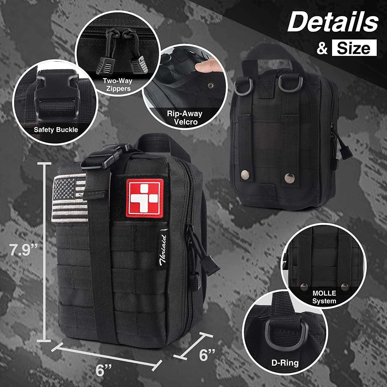 Emergency Survival First Aid Kit with Tourniquet, 6" Israeli Bandage, Splint, Military Combat Tactical Molle IFAK EMT for Trauma Wound Care, Gun Shots, Blow Out, Bleeding Control and More (Black)