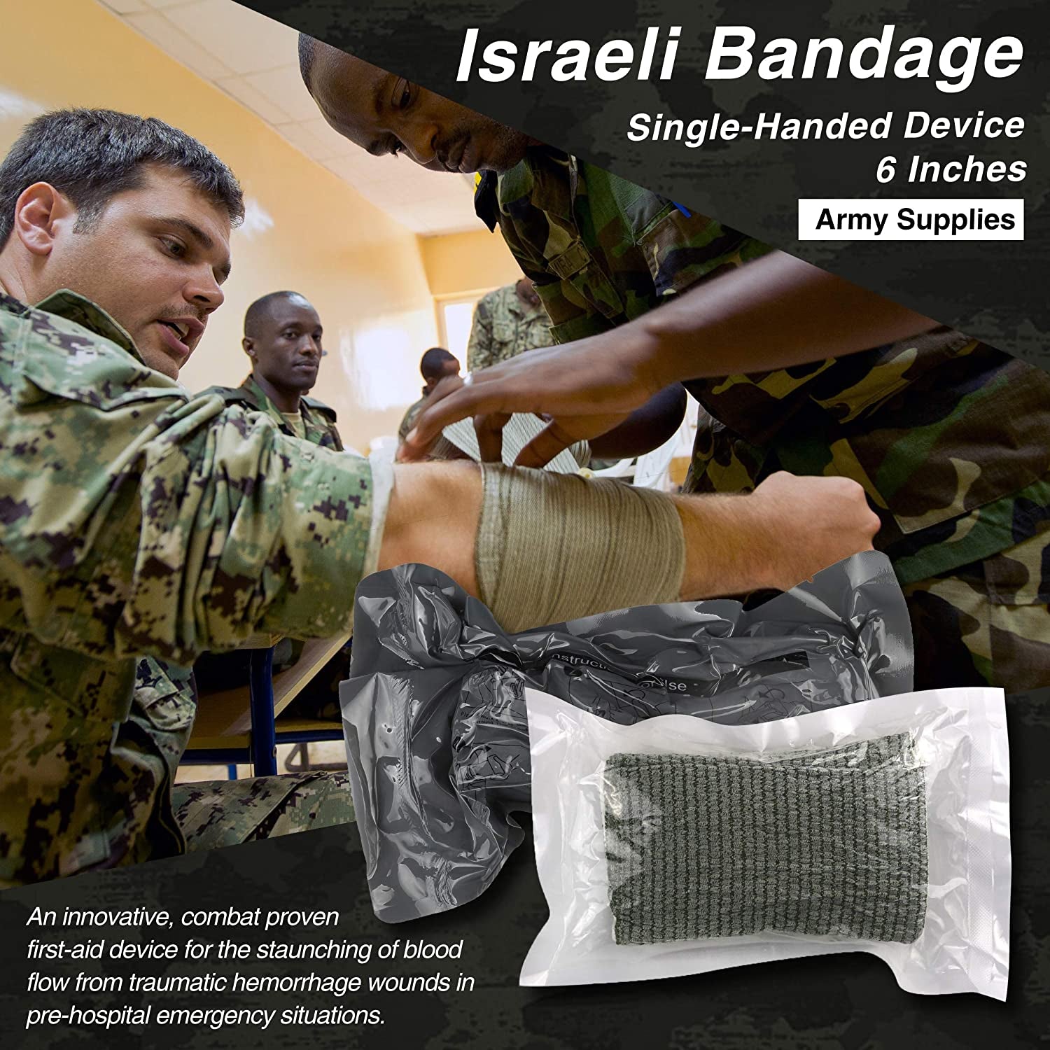 Emergency Survival First Aid Kit with Tourniquet, 6" Israeli Bandage, Splint, Military Combat Tactical Molle IFAK EMT for Trauma Wound Care, Gun Shots, Blow Out, Bleeding Control and More (Black)