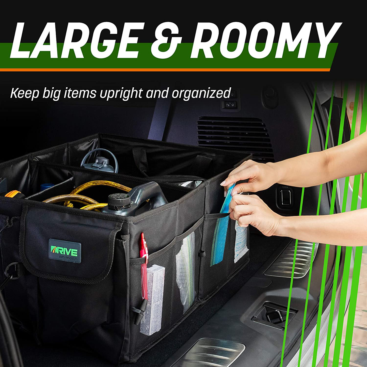 Drive Auto Trunk Organizers and Storage - Collapsible Multi-Compartment Car Organizer w/ Adjustable Straps - Automotive Consoles & Organizers (Black)