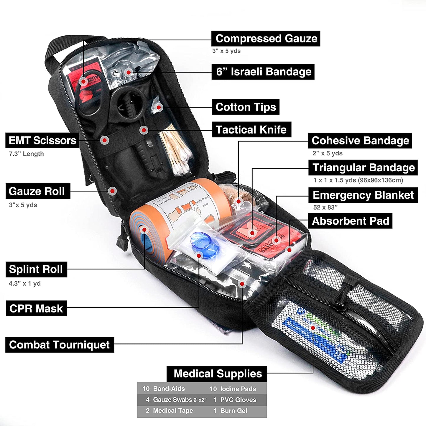 Emergency Survival First Aid Kit with Tourniquet, 6" Israeli Bandage, Splint, Military Combat Tactical Molle IFAK EMT for Trauma Wound Care, Gun Shots, Blow Out, Bleeding Control and More (Black)