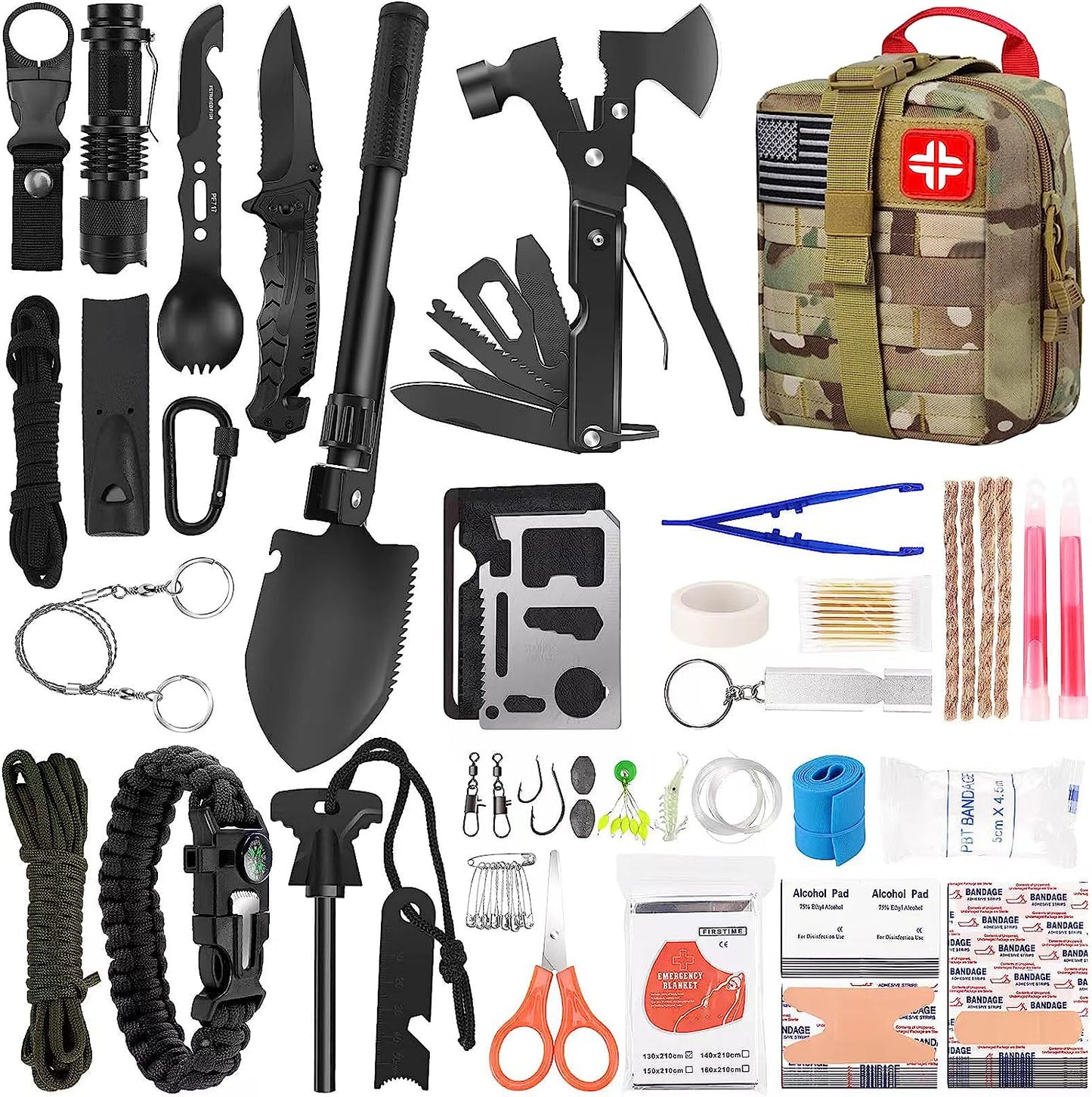 Survival Kit and First Aid Kit, 142Pcs Professional Survival Gear and Equipment with Molle Pouch, for Men Camping Outdoor Adventure/Gifts for Men Dad Christmas