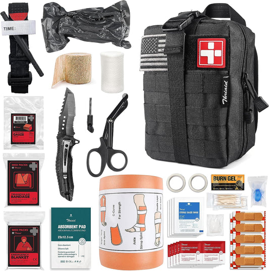 Emergency Survival First Aid Kit with Tourniquet, 6" Israeli Bandage, Splint, Military Combat Tactical Molle IFAK EMT for Trauma Wound Care, Gun Shots, Blow Out, Bleeding Control and More (Black)