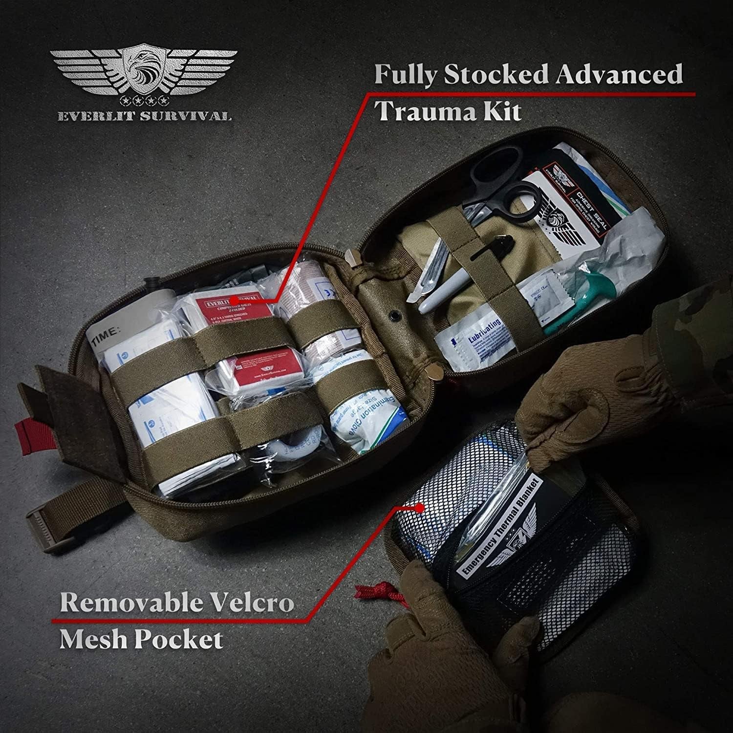 Advanced Emergency Trauma Kit, CAT GEN-7 Tourniquet Mil-Spec Nylon Laser Cut Pouch with 36" Splint, Military Combat Tactical IFAK for First Aid Response Bleeding Control