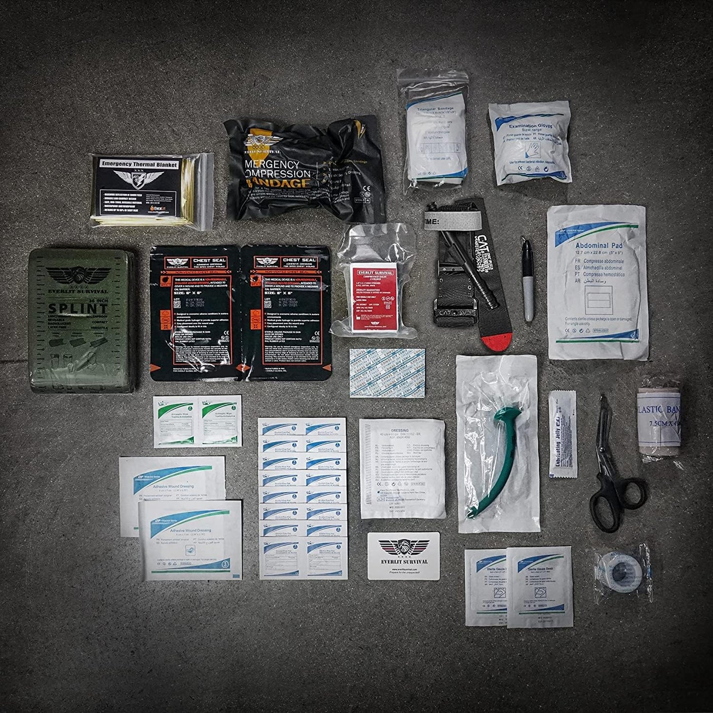 Advanced Emergency Trauma Kit, CAT GEN-7 Tourniquet Mil-Spec Nylon Laser Cut Pouch with 36" Splint, Military Combat Tactical IFAK for First Aid Response Bleeding Control