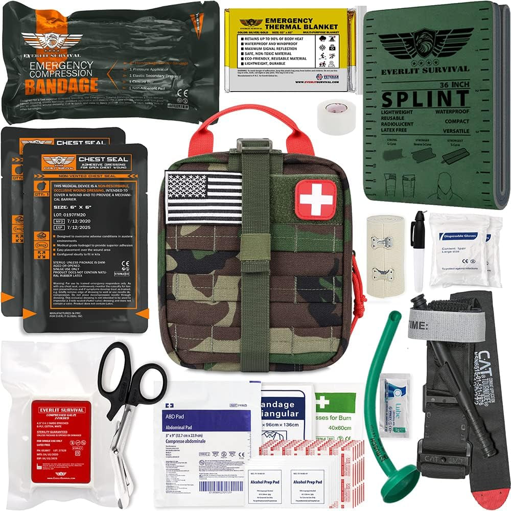 Advanced Emergency Trauma Kit, CAT GEN-7 Tourniquet Mil-Spec Nylon Laser Cut Pouch with 36" Splint, Military Combat Tactical IFAK for First Aid Response Bleeding Control