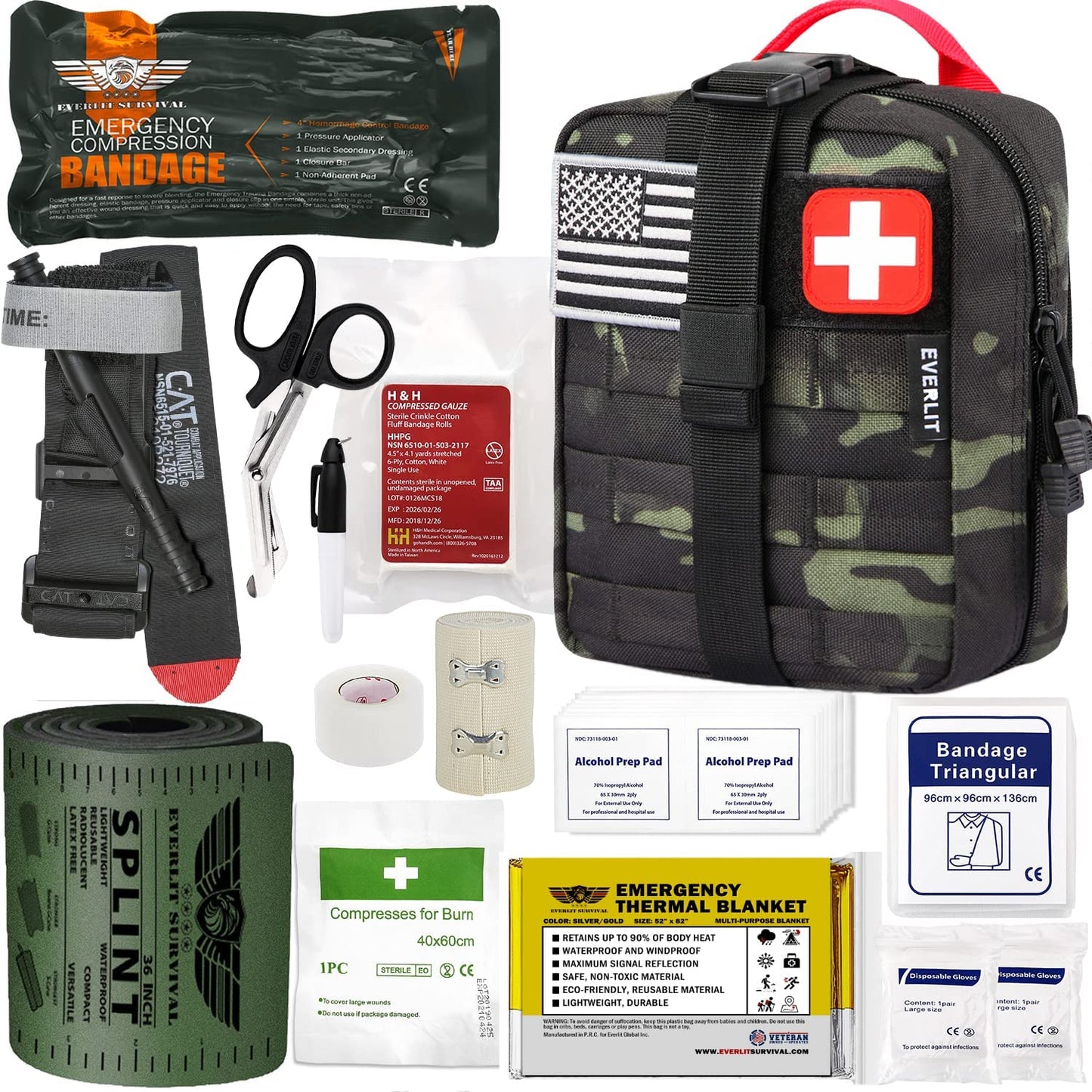 Emergency Trauma Kit, CAT GEN-7 Tourniquet 36" Splint, Military Combat Tactical IFAK for Critical Wounds, Gun Shots, Severe Bleeding Control (Black Camo)